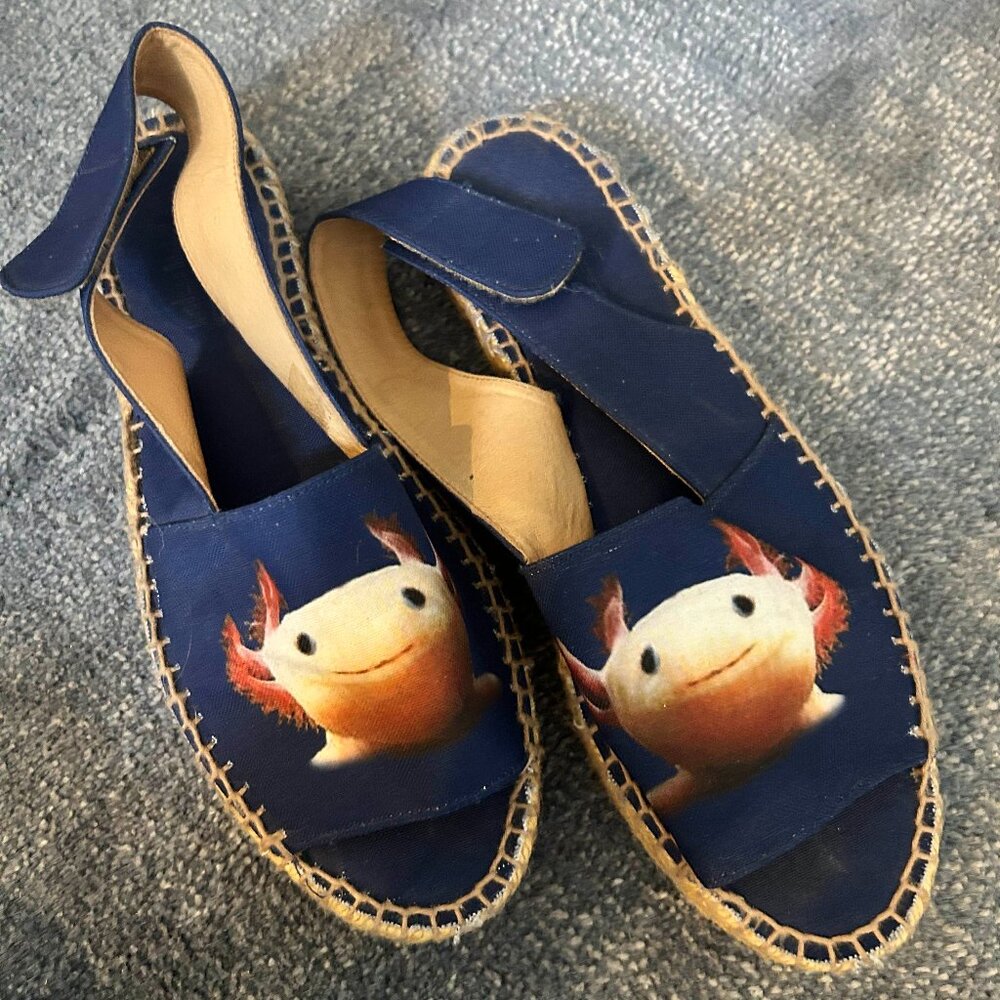 Navy Blue Axolotl Print Espadrille Sandals - Cute Animal Design - Size 10